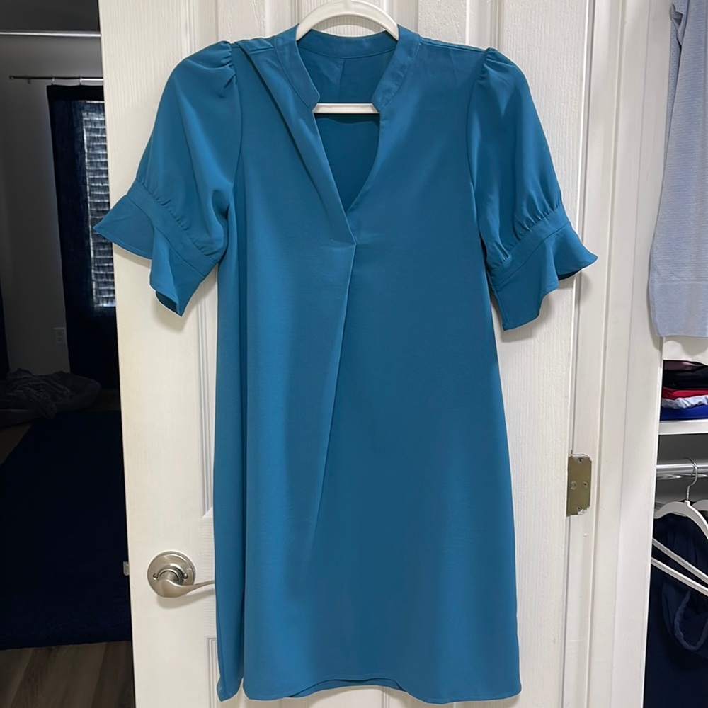 Womens V Neck Ruffle Short Sleeve Simple Solid Color Casual Summer Dress